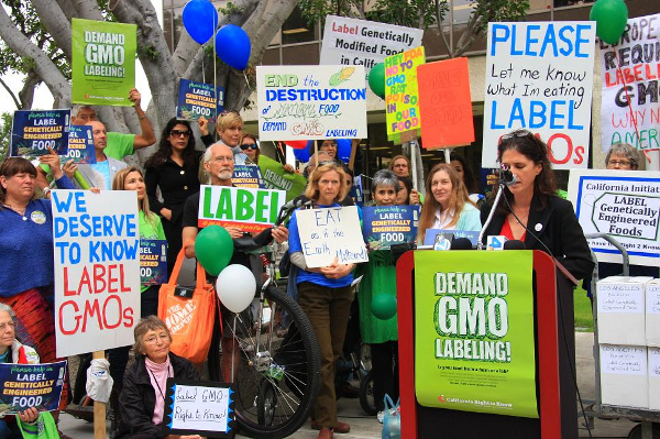 Protest in California for GMO labeling legislation. The giant food industry defeated the legislation.