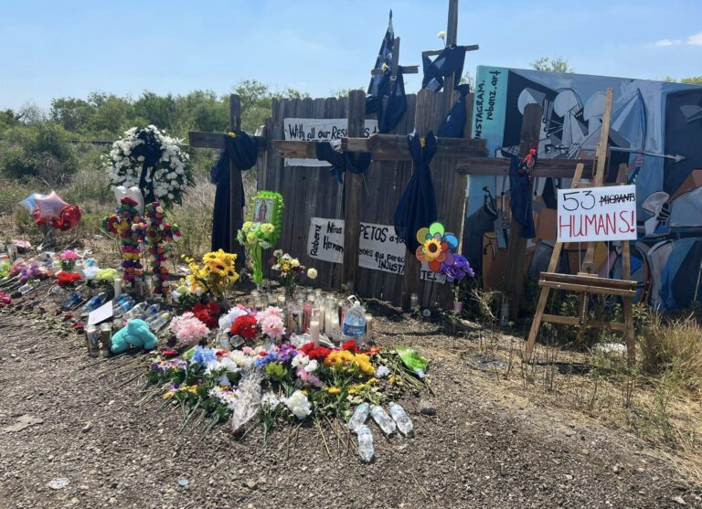 Photo of a memorial to the 53 people who died after crossing the border and being abandoned in a trailer near San Antonio, TX, June 27, 2022.
