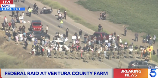 video still of people confronting ICE during Ventura County farm raid