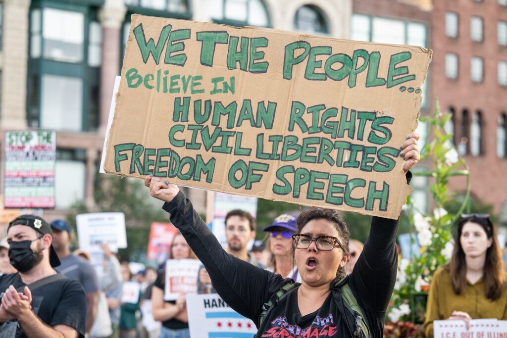 Chicago protests against Trump plans to bring Guard to city, for use with Charlie Kirk editorial