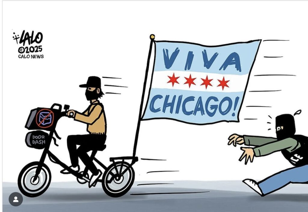 Lalo Alcaraz cartoon ridiculing ICE agents chasing boy on bike