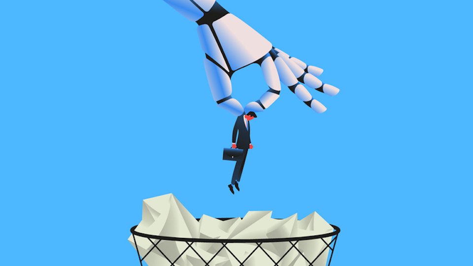 Giant robot throwing man in a trash can. Artifical intelligence replacing jobs concept. feature photo for cathy's economy article